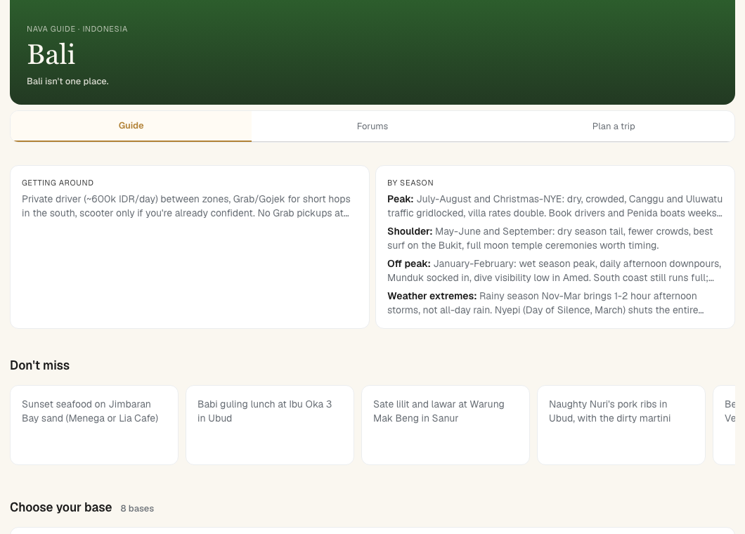 Bali destination guide page with neighborhoods, seasonal notes, and planning context
